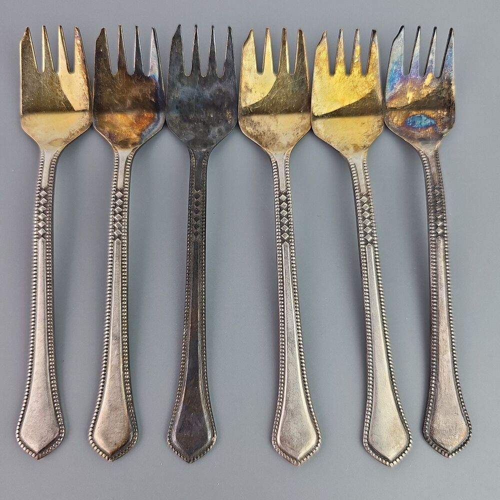 Vintage SILVER PLATED SET 6 SeaFood Cocktail Forks Melchior Cupronicke Beaded